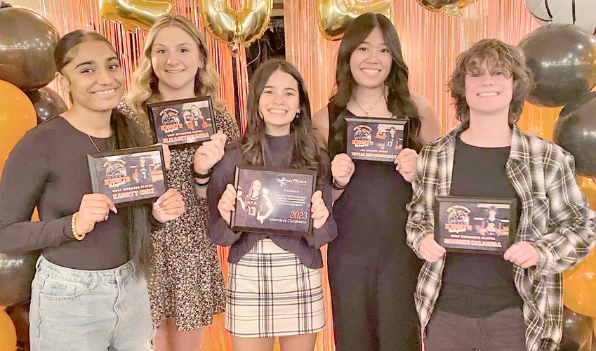 The Rome Free Academy girls volleyball team gave out awards at the end of the year banquet at Delta Lake Inn. The Black Knights won the Section III Class A title, the first sectional title for the program since 1983. From left: Kassity Cruz, most improved player; Elizabeth Hanba, best offensive player; Jena Cianfrocco, coach&rsquo;s award for dedication and commitment; Thylia Keoviengsamay, most valuable all around player; and Shannen Calandra, best defensive player.