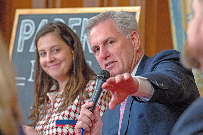 Speaker of the House Kevin McCarthy, of Calif., right, speaks about the proposed legislation dubbed the &ldquo;Parents Bill of Rights,&rdquo; Wednesday, March 1, next to Rep. Elise Stefanik, R-N.Y., on Capitol Hill in Washington.