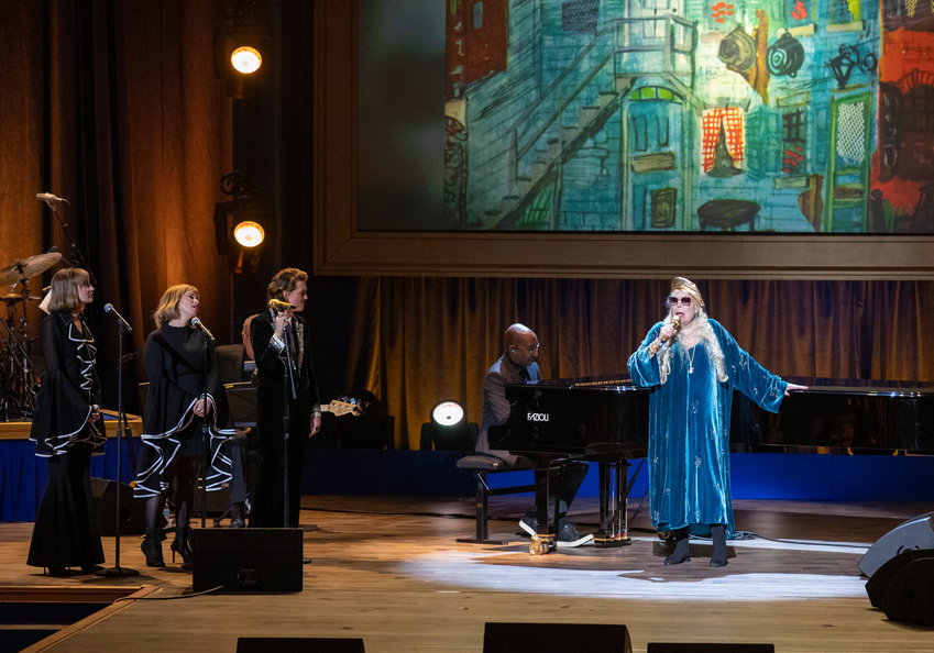 Joni Mitchell, right, performs at the presentation of the Gershwin Prize in Washington on March 1, 2023. &quot;Joni Mitchell: The Library of Congress Gershwin Prize for Popular Song&rdquo; will air on Friday on PBS.