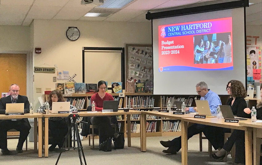 New Hartford Central School District Superintendent Cosimo Tangorra, Jr., Board of Education President Pamela King, and board members Linda Lark, John Jadhon and Beth Coombs prepare to hear a presentation on the 2023-2024 proposed budget Tuesday at Bradley Elementary School.