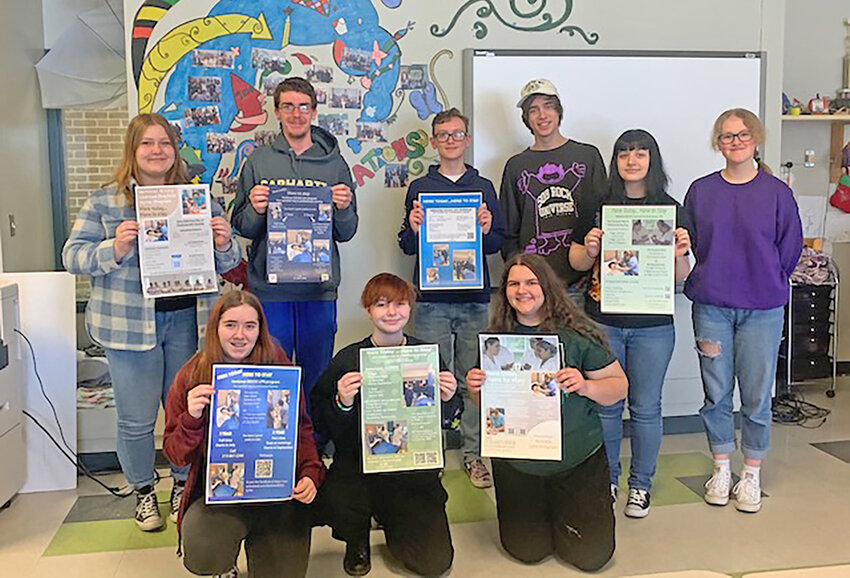 Herkimer-Fulton-Hamilton-Otsego BOCES Visual Communications Media Arts seniors recently created posters to help the Herkimer BOCES Adult Practical Nursing Program with recruiting. Front row, from left, are Jolene Manipole, Leah Coffin and Lyla Williams. Back row, from left, are Lyubov Shikula, Jacob Patterson, Anthony Demars, Gianni Luce, Corey Wohler and Madison Battisti.