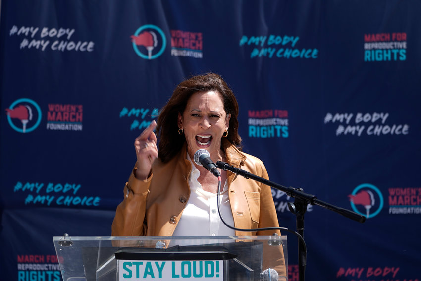 Vice President Kamala Harris gives remarks at the Women's March in Los Angeles Saturday, Apr. 15, 2023. Nationwide rallies come after the U.S. Supreme Court intervened Friday to delay rule changes that would have limited the way the abortion drug mifepristone could be used and dispensed, to give itself more time to review the matter more thoroughly.