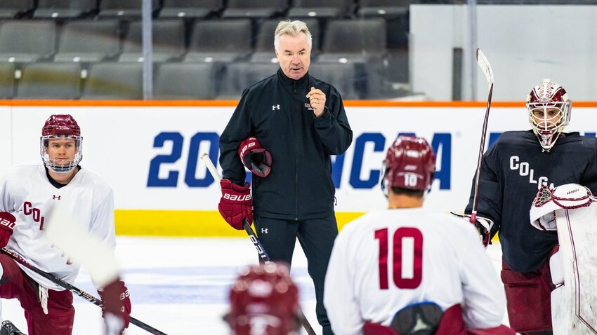 Colgate men's hockey head coach Don Vaughan makes a point during a practice this season. After 30 years leading the program, Vaughan has announced his retirement.
