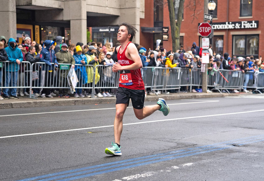 Rome native Nicolas Ferretti ran in his first Boston Marathon Monday. The Northeastern University junior cruised to a 168th place finish in 2:31:24. He&rsquo;s seen here on Hereford Street, about half a mile away from the finish line. The Rome Free Academy class of 2020 salutatorian was one of eight Romans to compete in the race.