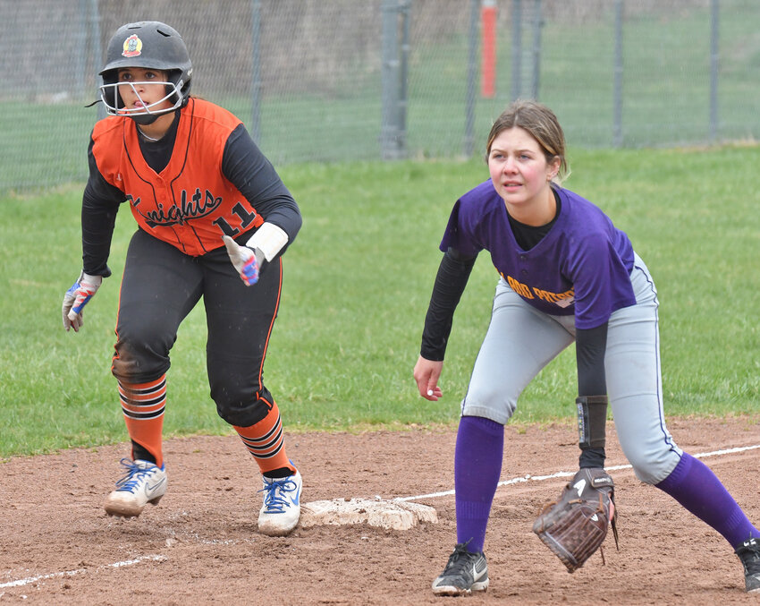 Rome Free Academy baserunner Makayla Howard prepares to run from third near Holland Patent third baseman Nadia Foley during Tuesday&rsquo;s Tri-Valley League game. Howard had three walks in RFA&rsquo;s 16-8 win.
