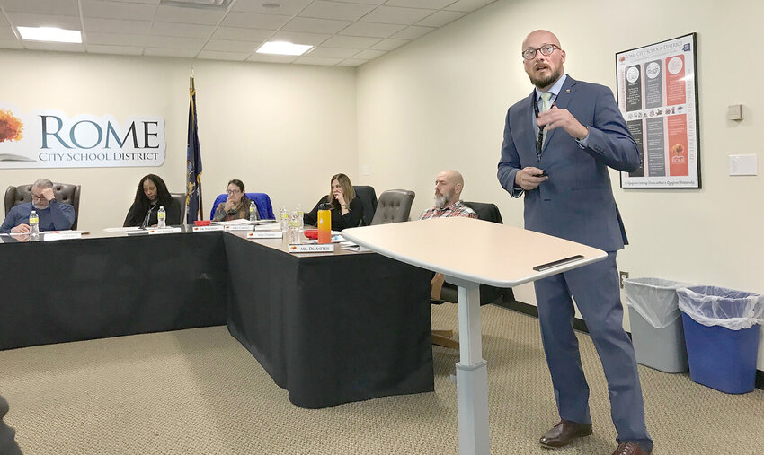 Rome City School District Superintendent Peter Blake tells the Board of Education and their audience Tuesday of the tentative 2023-2024 proposed budget plan.