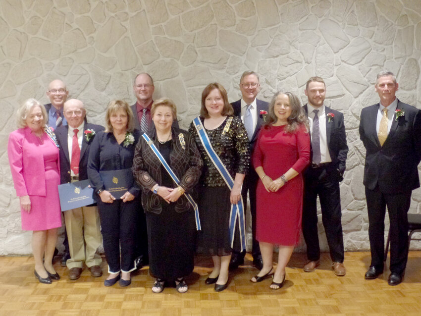 The Oneida Chapter of the Daughters of the American Revolution held its annual Community Awards Dinner was held at Hart&rsquo;s Hill Inn on Thursday April 13, 2023. Among those honored or in attendance include, from left, front row: Trena DeFranco; Dr. Russell Marriott; Jackie Marriott; Pamela Barrack, state regent; Patrice Birner, NSDAR vice president general; and Mischael McKenna. Back row: Kevin Marken, Steve Grant, Philip Bean, Brad Velardi, and Mark Williamson.