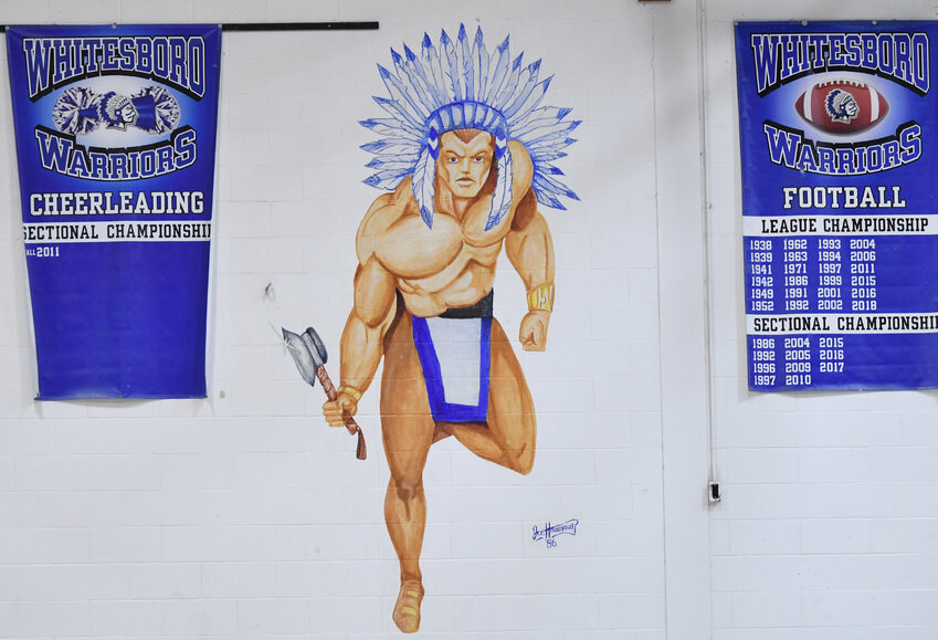 A Whitesboro Warriors Indian mural adorns the wall in the Whitesboro High School gym in January.  District officials said they immediately began to remove Native American imagery when they received the initial directive from the state last November. They remain uncertain as to whether or not they will need to change the Whitesboro teams&rsquo; name of Whitesboro Warriors, however.