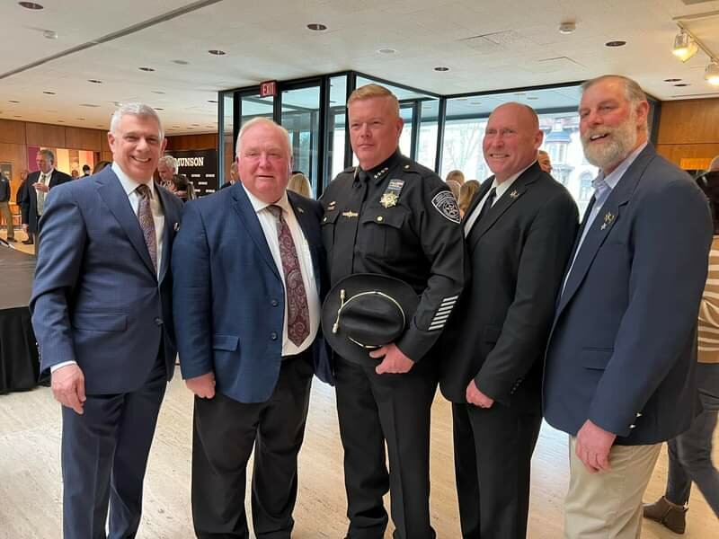 The area agricultural community was well represented at the recent State of Oneida County Address. From left: Oneida County Executive Anthony J.  Picente Jr.; David Hyatt, president of the Boonville-Oneida County Fair; Oneida County Sheriff (and farmer) Robert Maciol; Chief Deputy Rick O&rsquo;Meara; and Ben Simons, Boonville-Oneida County Fair board member.  At the event but not pictured is Carl Trainor, a board member for the Boonville-Oneida County Fair.