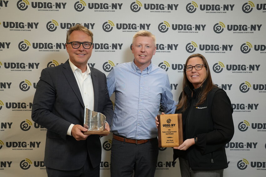 Berkshire Bank&rsquo;s Jen Hunt and Berkshire Bank received the 2022 Partner in Damage Prevention Award during the UDIG NY annual meeting. From left: Berkshire Bank&rsquo;s Regional President, New York State &amp;amp; Managing Director, Commercial Real Estate, James J Morris IV, UDig NY Executive Director Kevin Hopper, and AVP, Commercial Administration Manager, Jen Hunt