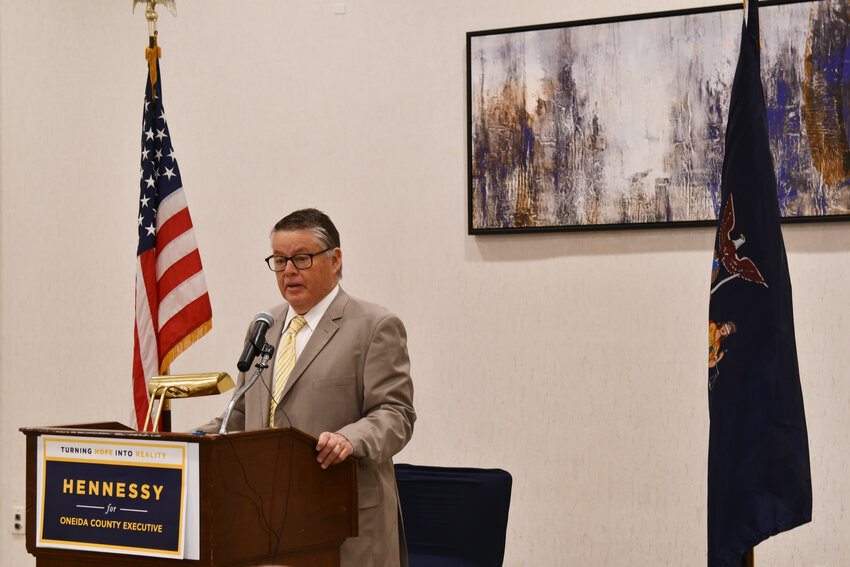 Mike Hennessy, a candidate for Oneida County Executive, speaks at a Wednesday, May 10, press conference about his impending lawsuit against the county Board of Elections after he was knocked off the Republican ballot.
