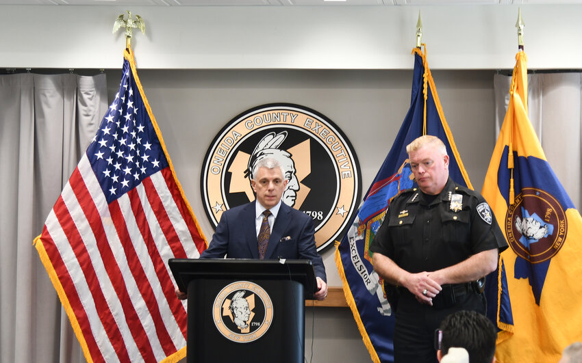 Oneida County Executive Anthony J. Picente Jr. and county Sheriff Robert M. Maciol speak about Title 42's expiration and the plan to bus migrants upstate on Wednesday, May 10.