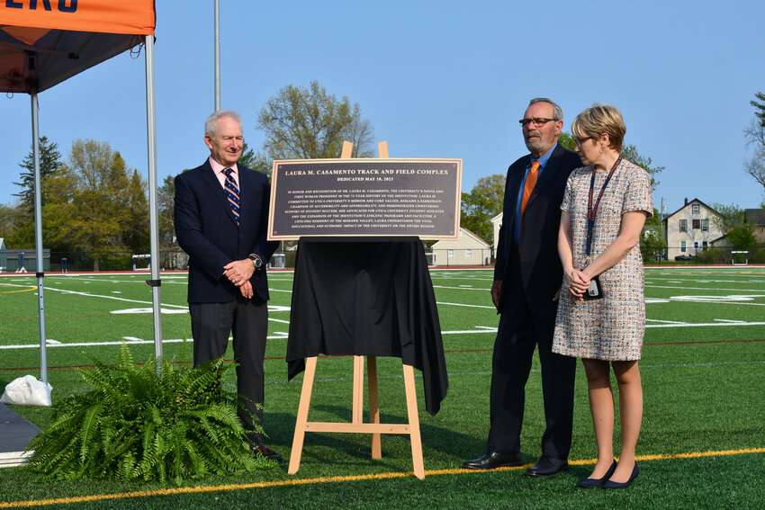 Retiring Utica University President Laura Casamento was honored as the namesake of the university&rsquo;s track and field complex on Wednesday for her leadership, expansion of athletic programs and facilities, and advocacy for student athletes.