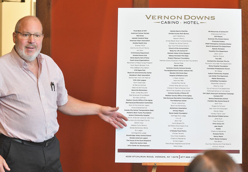 John Peters a Town of Vernon board member points out all the different organizations that Vernon Downs has contributed too during a press conference at the Racino hotel Friday, May 12.