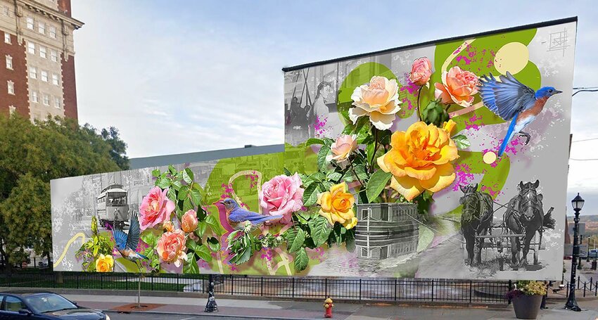 Steven Teller&rsquo;s rendering of the mural that will replace the former sunburst mural at Liberty Bell Park in downtown Utica depicts colorful roses and bluebirds across a black and white backdrop of historical moments in Utica.