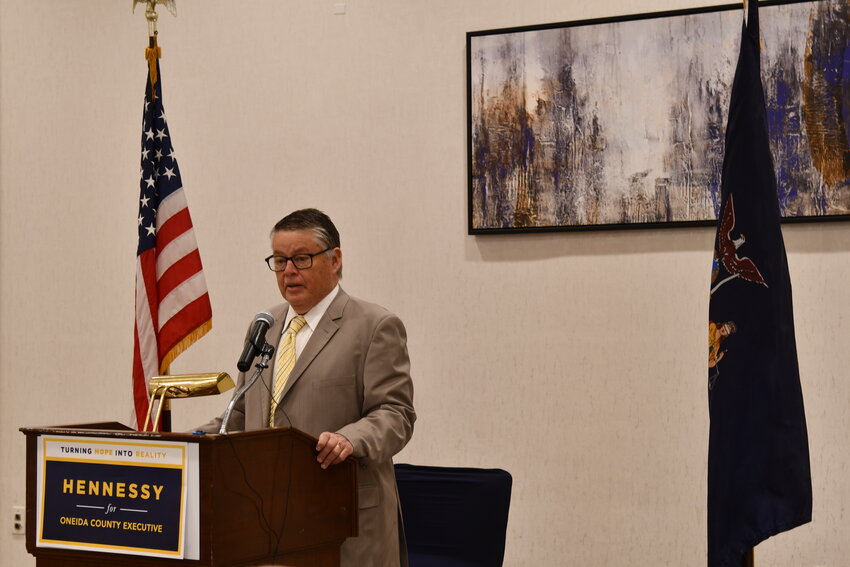 Oneida County Executive candidate Michael Hennessy speaks at a Wednesday, May 10 press conference.