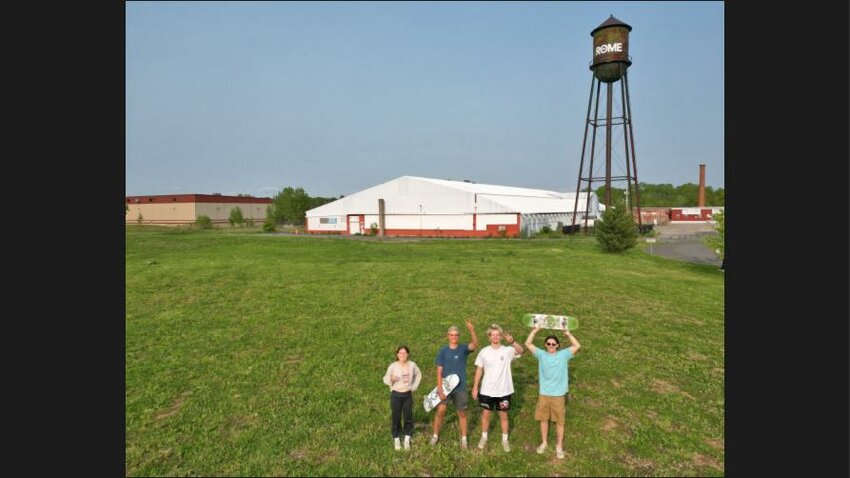 The planned skatepark in Rome to memorialize Stone Mercurio would sit in part of this vacant, cityowned parcel between Harbor Way and Mill Street. The city's navigation center for the Erie Canal borders another side. From left: Stone's sister Carmella, and his friends Hayden McMonagle, Mikey Futia and Brandon Gannon.