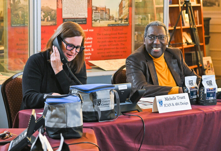 Volunteers staff a phone bank during last week&rsquo;s 18th annual Oneida County History Center telethon. The event raised more than $40,000 to benefit the center. From left: Greg Evans, of Indium Corp.; Rev. Sharon Baugh, of the NAACP; Michelle Truett, of ICAN; and David Mathis, of the Oneida County DSS.