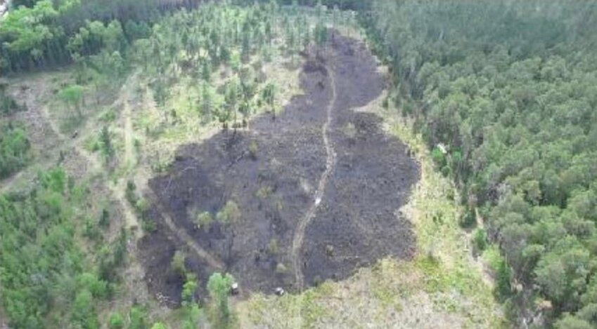 This is a still image taken from drone footage from the brush fire off O&rsquo;Brien Road on Sunday and Monday. Fire officials said at least 8.8 acres burned. The drone was flown by the state Office of Fire Prevention and Control.