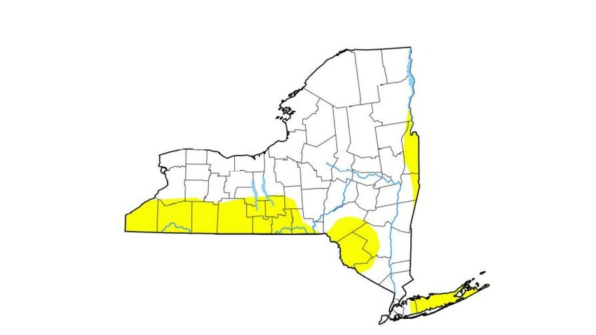 Yellow areas show abnormally dry conditions in parts of New York State as outlined Friday by the U.S. Drought Monitor program, a partnership between the National Drought Mitigation Center at the University of Neb.-Lincoln, the U.S.D.A. and the National Oceanic and Atmospheric Administration.