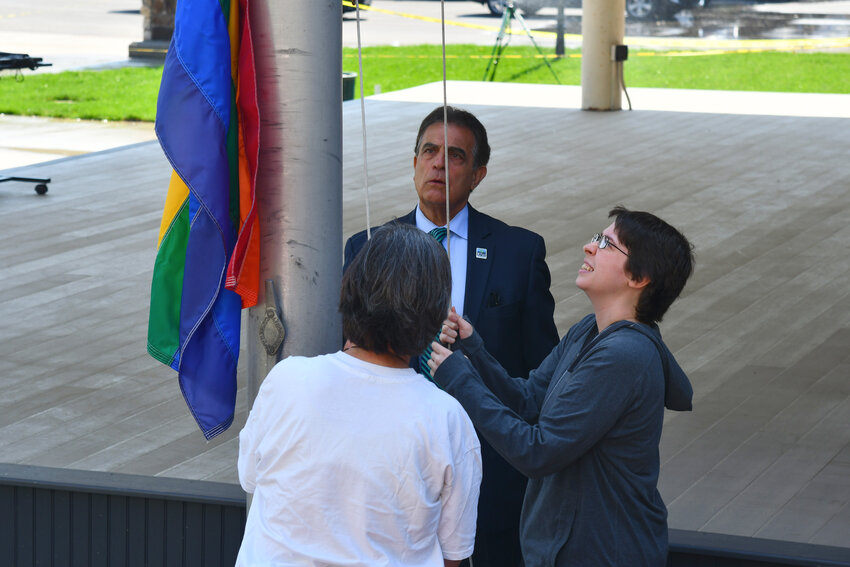 Utica Mayor Robert Palmieri was joined by Ace Morreale, founder of the Oneida County Pride Association, and local LGBTQ+ advocate Alane Varga, as they raised the pride flag during a ceremony on Friday, June 2, at Utica City Hall.