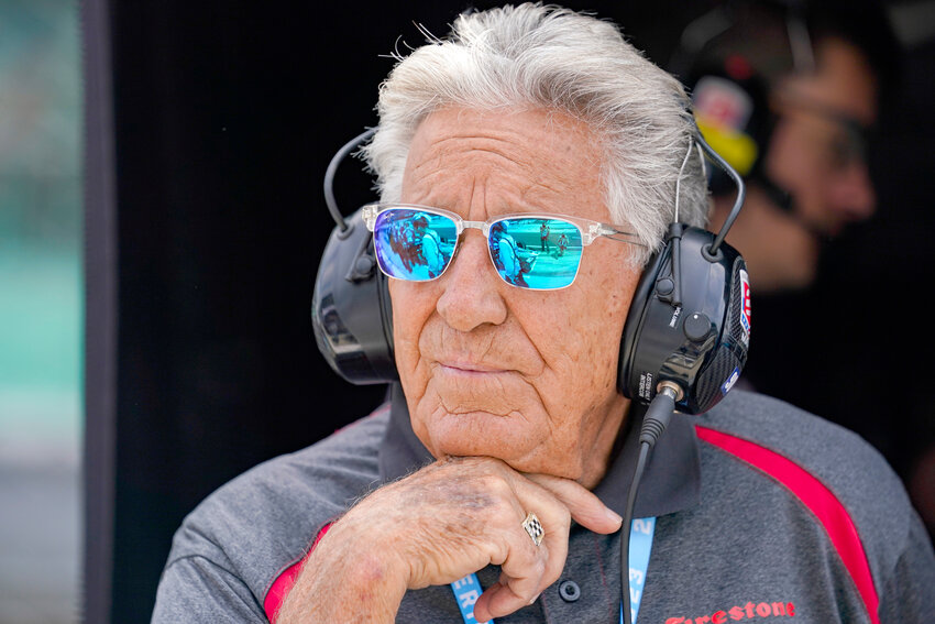 1969 Indy 500 Champion Mario Andretti watches from his grandson Mario Andretti&rsquo;s pit area during practice for the Indianapolis 500 auto race at Indianapolis Motor Speedway in Indianapolis, Friday, May 19, 2023.