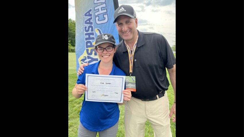 Rome Free Academy's Evie Denton tied for 20th at the girls golf state championships&nbsp;this past weekend at the Edison Club in Rexford. She is pictured with RFA girls golf coach David Petrelli.