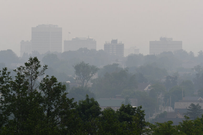 View from the hill at the Utica Zoo looking at downtown Utica with all the smoke from Canada making it murky Wednesday, June 7.