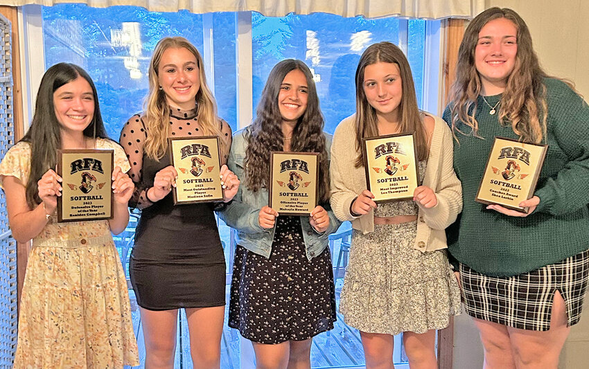 RFA SOFTBALL AWARDS &mdash;&nbsp;Five players from the Rome Free Academy softball team were given team awards at the Black Knights&rsquo; banquet this week at Sleepy Hollow Golf and Country Club. From left: Kenidee Campbell, Best Defensive Player and Tri-Valley League honorable mention; Madison Safin, Most Outstanding Player and first team TVL all-star; Makayla Howard, Best Offensive Player and first team TVL all-star; Alexa Thompson, Most Improved Player and first team TVL all-star; and Shea Larkin, Coaches Award and TVL honorable mention.