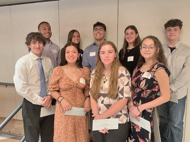 The Rome Dollars for Scholars recently presented awards to 73 graduating Rome Free Academy seniors to assist them with their future educational goals.  Among scholarship recipients were, front row from left: Anthony Pasqualetti, Liesl Froshauer, Andelise Roux, and Gwendolyn Caro; back row: Chase Ferary, Chase Calandra, Noah Destito, Alyssa Nardslcio, and Che Trajtemberg.  Additional photos online at ursentinel.com.