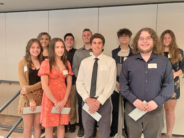 Dozens of Rome Free Academy seniors received awards and scholarships at the 39th annual Rome Dollars for Scholars awards ceremony recently.  Among those receiving help towards making their college dreams come true were, from left, front row: Haylie Pedersen, Morgan Bruno, Jack Pylman, and Colyn Seeley; back row: Brianna Rivecca, Caden Giardino, Richard LaTour, Brandon Bright, and Miranda McCormick.