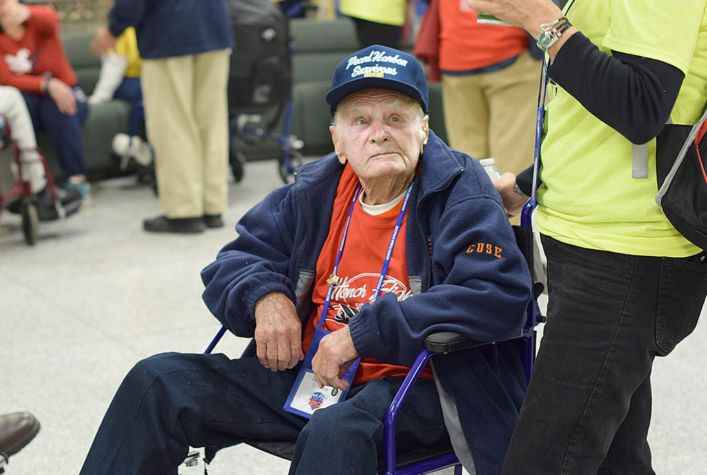 THESE EYES HAVE SEEN — World War II Army vet and Pearl Harbor survivor Lawrence C. “Larry” Parry, of Baldwinsville, preparing for the day’s journey ahead. (Sentinel photo by Frank Page)