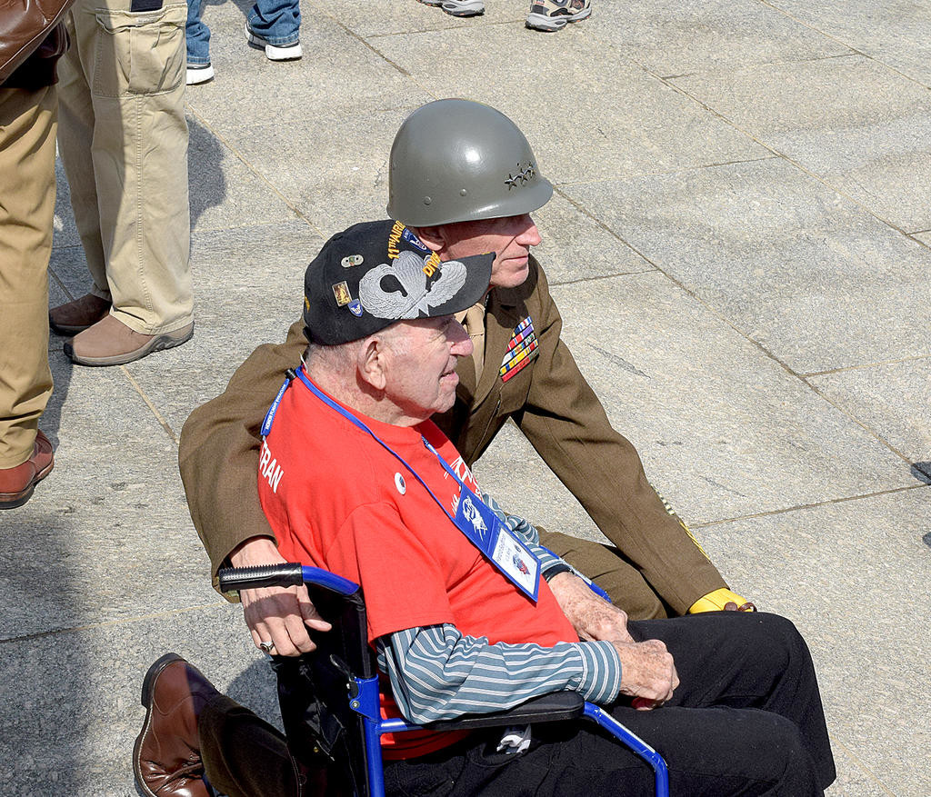PATTON PENDING —Korean War Army vet Harold F. Beichner getting a pic with a General George S. Patton re-enactor at the World War II Memorial in Washington D.C.  Beichner, an Oriskany native, currently resides in Oil City, Pa.
 (Sentinel photo by Frank Page)