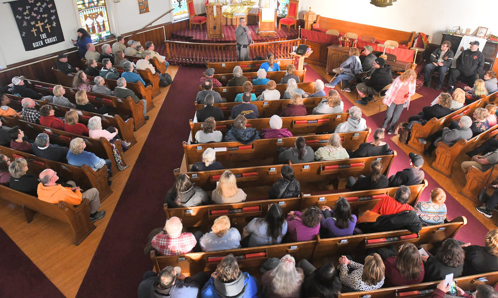 PACKED HOUSE — More than 100 men, women and children from across the area packed into the pews at the Westmoreland United Methodist Church Tuesday afternoon for a free seminar in how to survive an active shooter 
situation.
 (Sentinel photo by John Clifford)