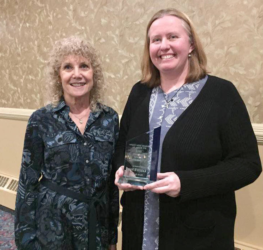 CELEBRATING WOMEN — Dr. Kathryn Stam, right, receives the Woman of the Year Award, during a ceremony in New Hartford on March 20.  Presenting the award is Colleen Cavallo, treasurer of the Mohawk Valley Chapter of NYS 
Women Inc.
 (Photo submitted)