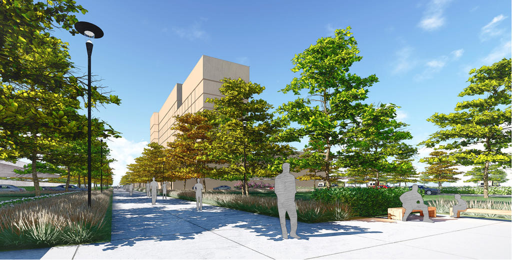LOoKING AHEAD — A landscaped urban campus with open spaces is part of the plan for the downtown Utica hospital project. The facility’s design will consider the city’s architectural character, surrounding neighborhoods and urban development initiatives.
 (Illustration submitted)