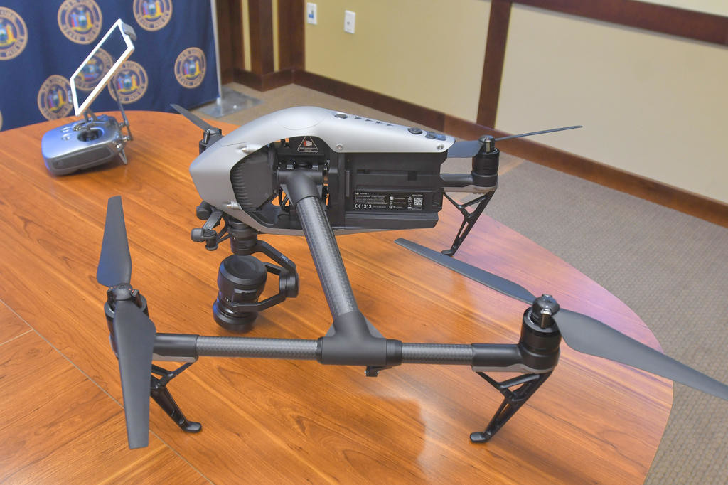 SLEEK AND STYLISH — This new unmanned aerial drone costs about $7,000 for the state police. Troopers hope to have 14 drones across the state by the Ppring.
 (Sentinel photo by John Clifford)