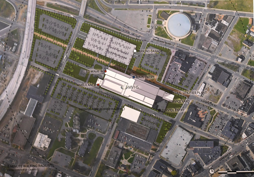 VIEW FROM ABOVE — The rendering of the proposed hospital site in downtown Utica revealed Thursday by Mohawk Valley Health System shows a campus just south of the Utica Memorial Auditorium, the circular building at the top. The medical building at center will be framed by parking and a green campus with walkways.