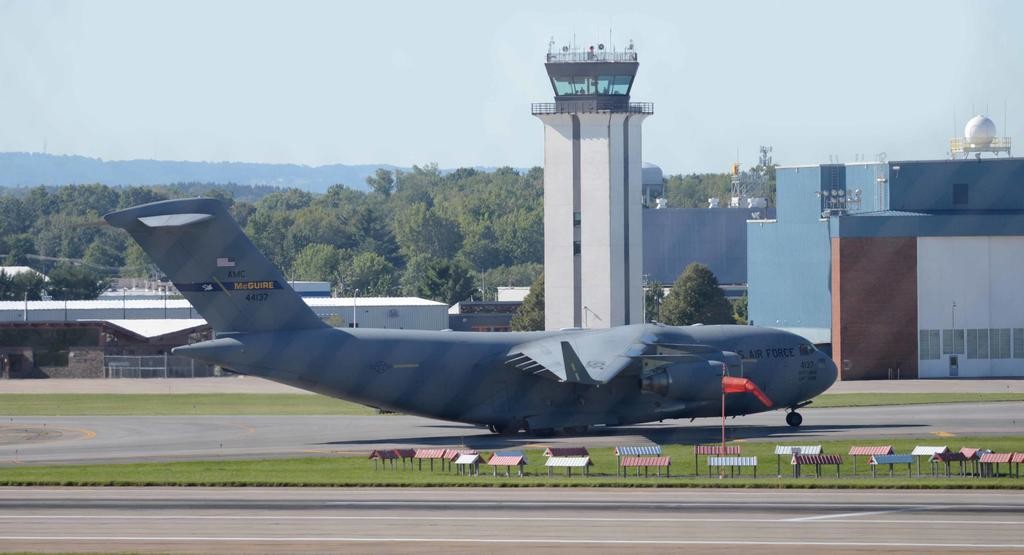 PROJECT FUNDING — A C-17 from McGuire taxi's back to take off at Griffiss International Airport in this file photo. Griffiss International Airport will receive $256,581 in federal funding to design of the first phase of the reconstruction of the runway. The entire project will be done in three phases, and should be fully funded by federal grant money. The work, which could take only one construction season, could be done next year.
 (Sentinel photo by John Clifford)