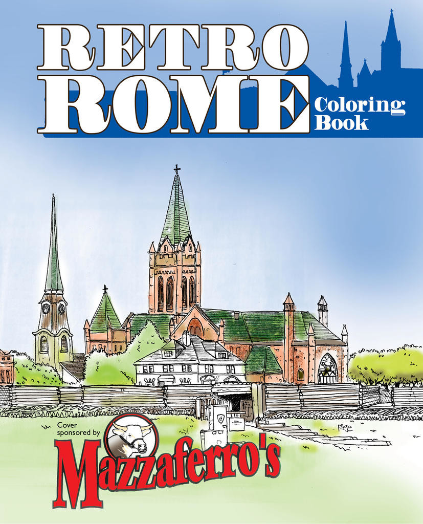 FRONT COVER — Here is the cover of the “Retro Rome Coloring Book.”