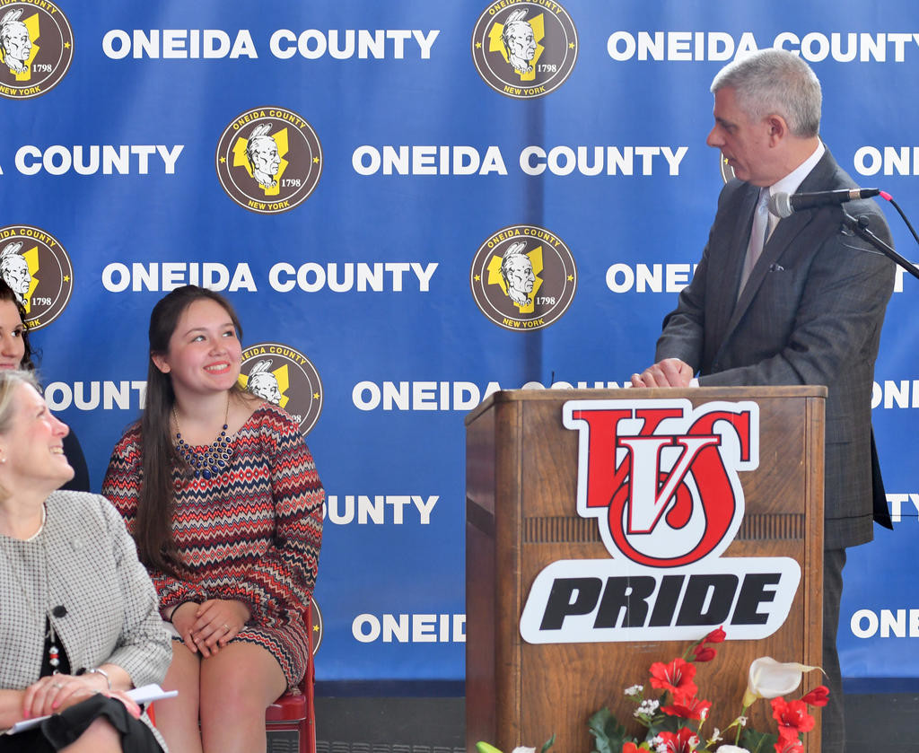 DISCUSSING SAFETY PROGRAM — Oneida County Executive Anthony J. Picente Jr. talks with Vernon-Verona-Sherrill senior class president Juliana Nouza during an announcement this morning for the county’s Teen Traffic Safety Week events. The program, which will involve various local schools, was announced at VVS High School.
 (Sentinel photo by John Clifford)