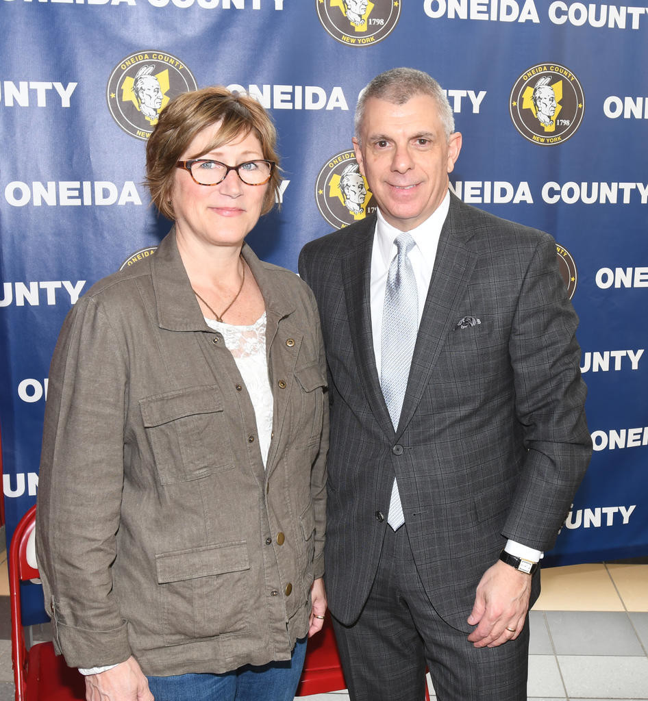 GUEST SPEAKER — Guest speaker Gisele Kress with County Executive Anthony Picente  during an announcement this morning for the county’s Teen Traffic Safety Week events. Kress's 22-year-old-son was killed by a drunk driver in 2009 in the Town of Webb.
 (Sentinel photo by John Clifford)