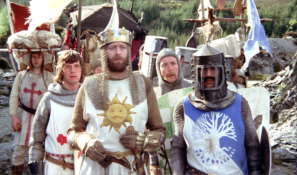 A group of men dressed up as Medieval knights. From the film, "Monty Python and the Holy Grail."