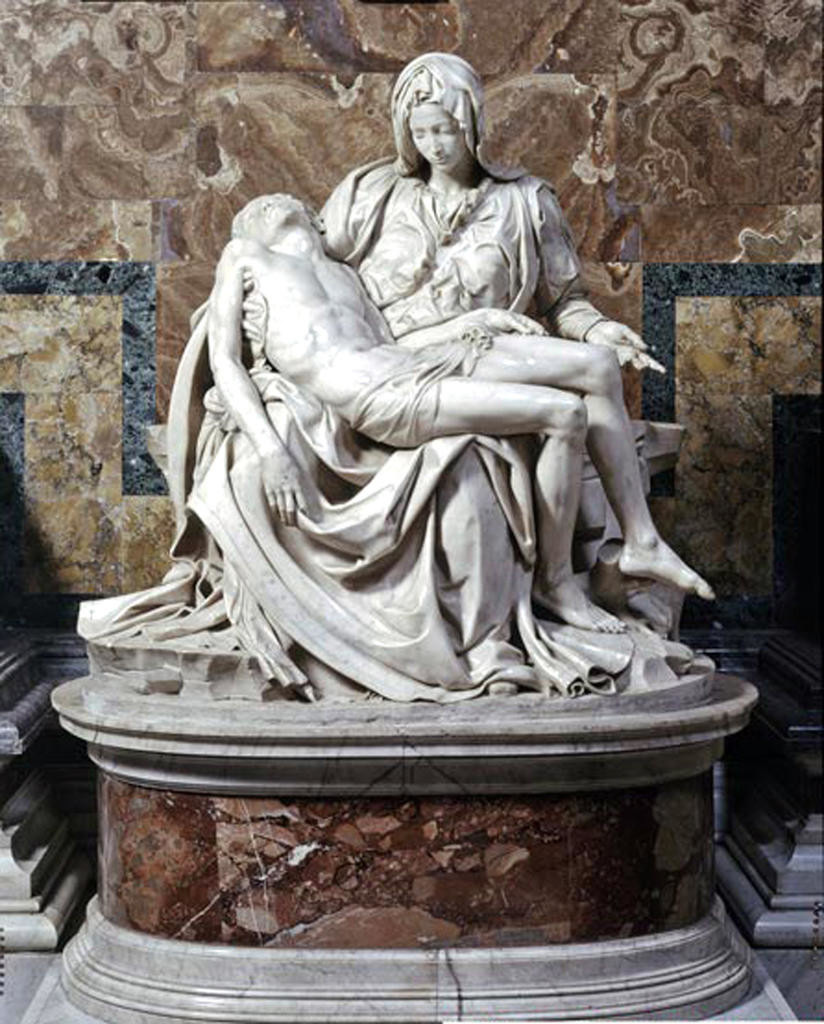 THE ORIGINAL — The Pietà, a sculpture by Michelangelo, in The Basilica of St. Peter in Vatican City, Rome, Italy. It depicts the body of Jesus on the lap of his mother Mary after the Crucifixion. Crafted in 1498 and 1499, the original now sits behind bullet-proof glass. A replica will be placed at St. John the Baptist Church in Rome, New York, one of 112 made from the original’s mold.
 Vatican Information Service