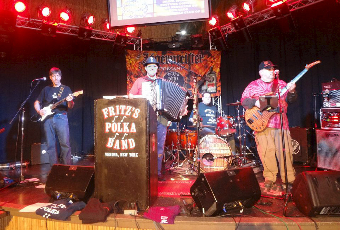 LAST YEAR — Fritz’s Polka Band plays The Cove during Dyngus Day 2013, from left, Frank Nelson, Fritz Scherz, Mike Faraino, and Gabe Vaccaro.  The group will return this year and is planning a bus trip for the event.
