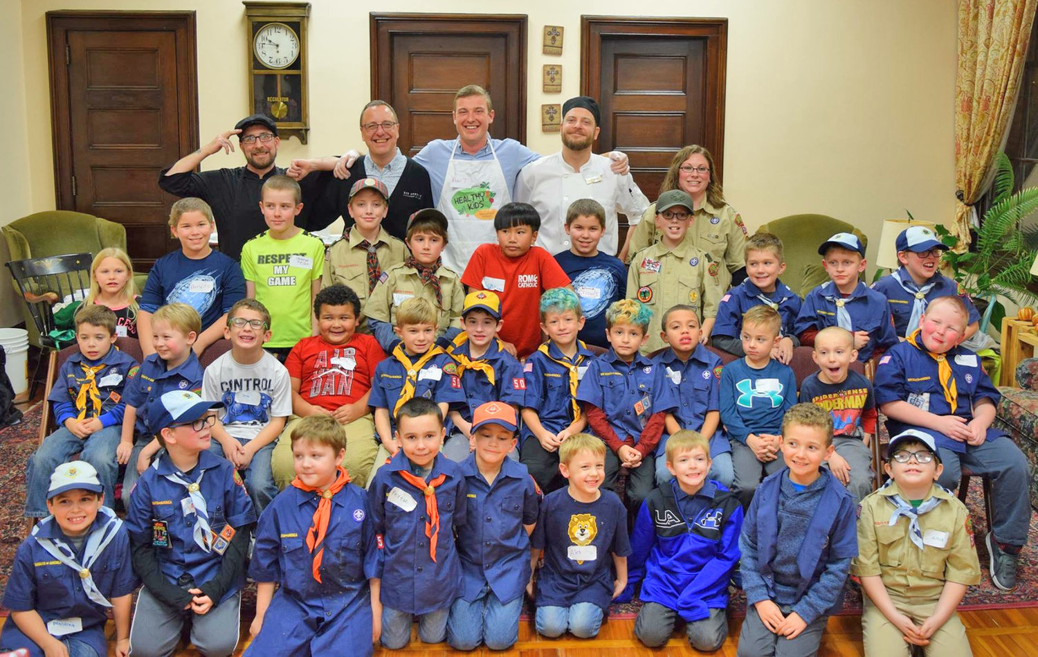 SCOUT EFFORT — Members of the Bon Appetit culinary team from Hamilton College recently came to Rome to visit Boy Scouts Pack 50 to teach them basic culinary skills and how to make healthy food choices.