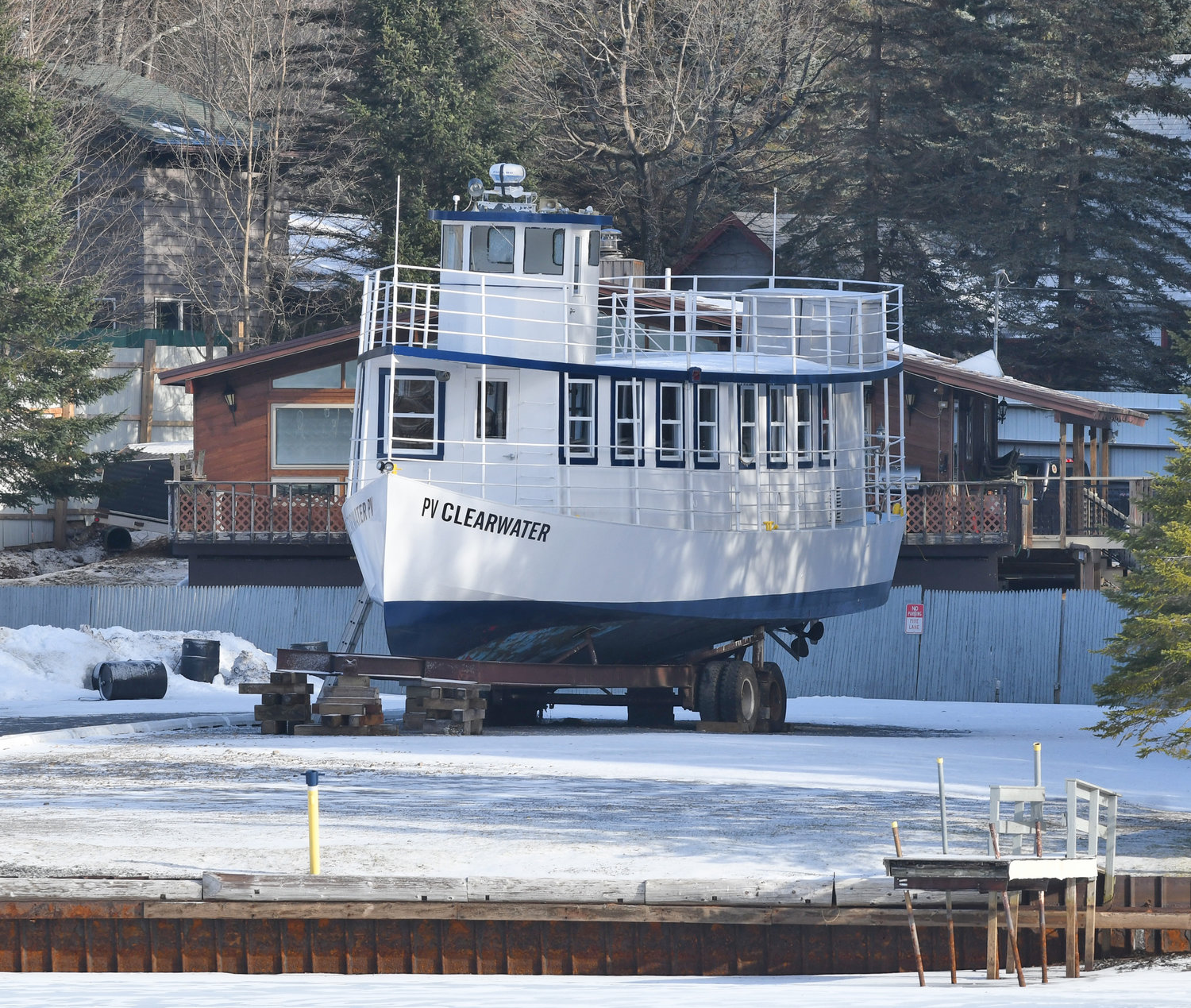FROZEN AND DRY DOCK — The Clearwater lake-cruise boat dry docked in Old Forge with just inches of snow surrounding it on Wednesday.