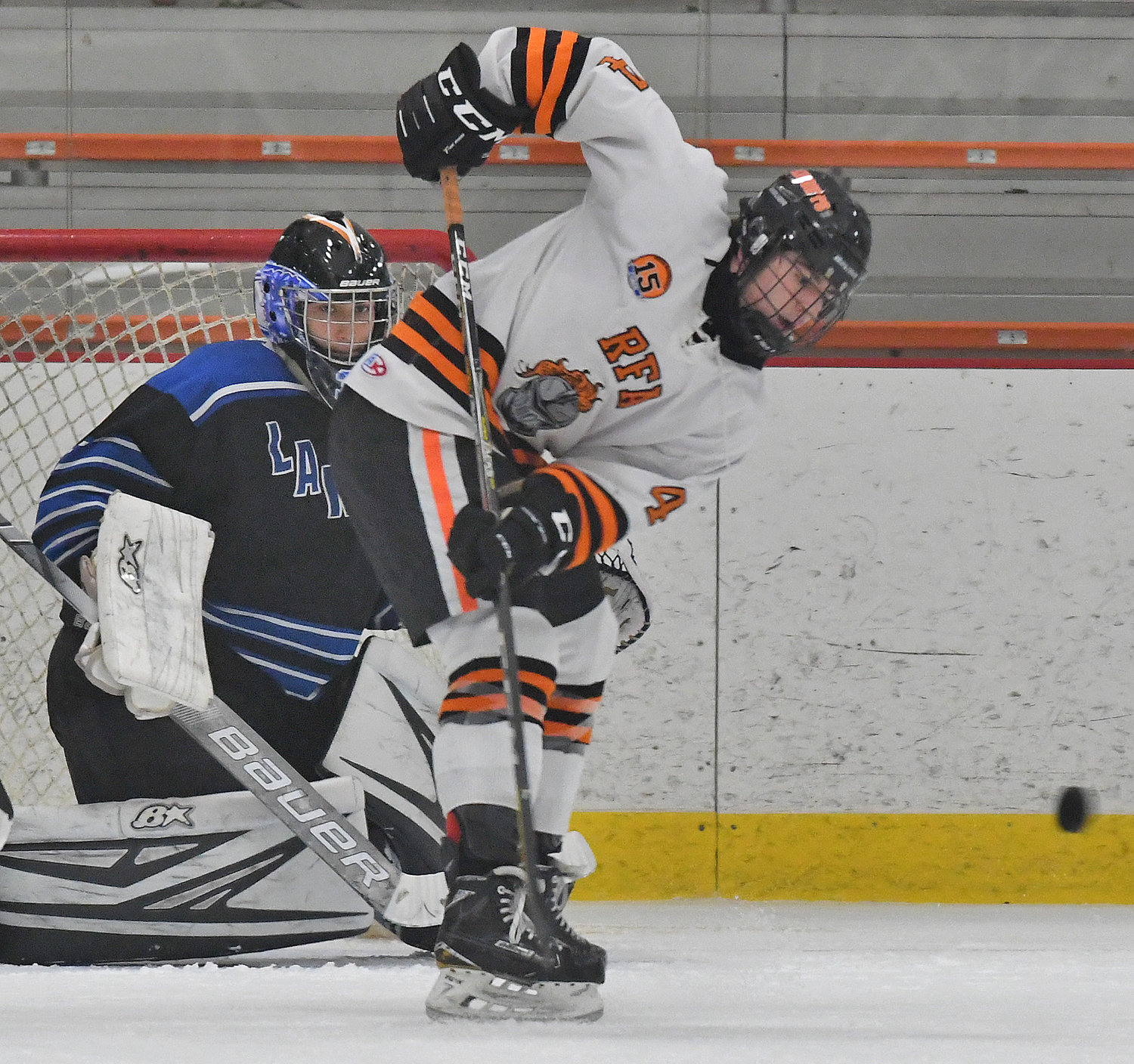 RFA #4 in front of the Geneseo goalie in the first period.