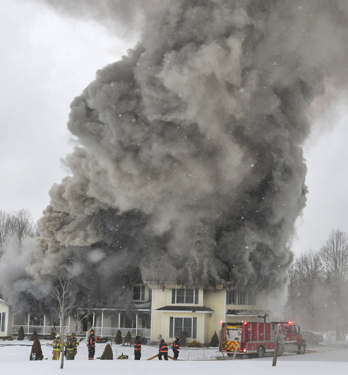 UP IN SMOKE — Smoke billowed from 4327 Wood Creek Road in Verona this morning, as several departments fought a blaze that had crews of local firefighters on the scene for multiple hours.