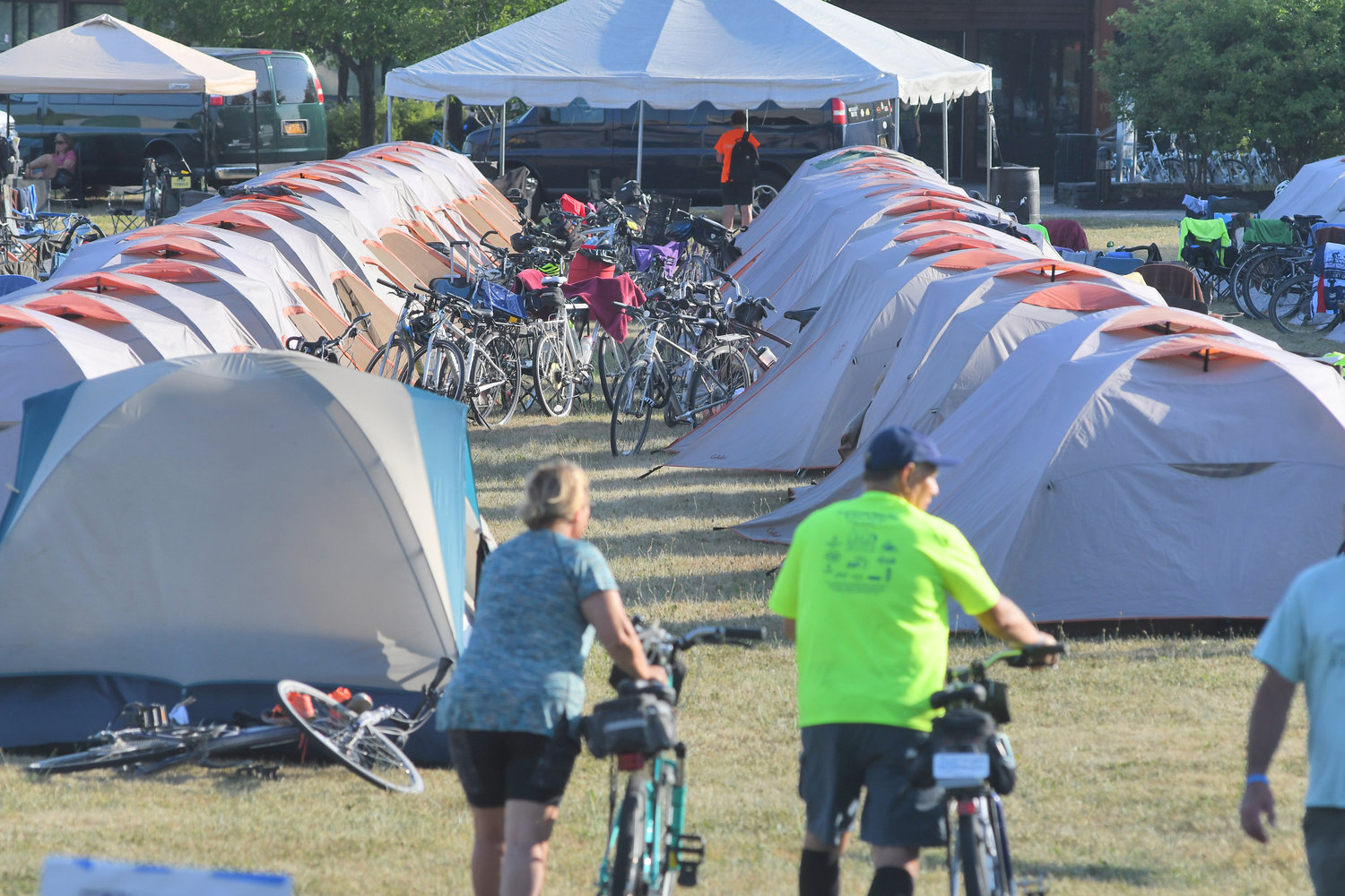 TENT CITY — Riders on the Cycle the Erie Canal Bike Tour will camp out on Fort Stanwix's lawn on Thursday night. Aftershopping at Rome's stores, patronizing its restaurants and eating breakfast at the Y, riders will hit the road for Canajoharie Friday morning.